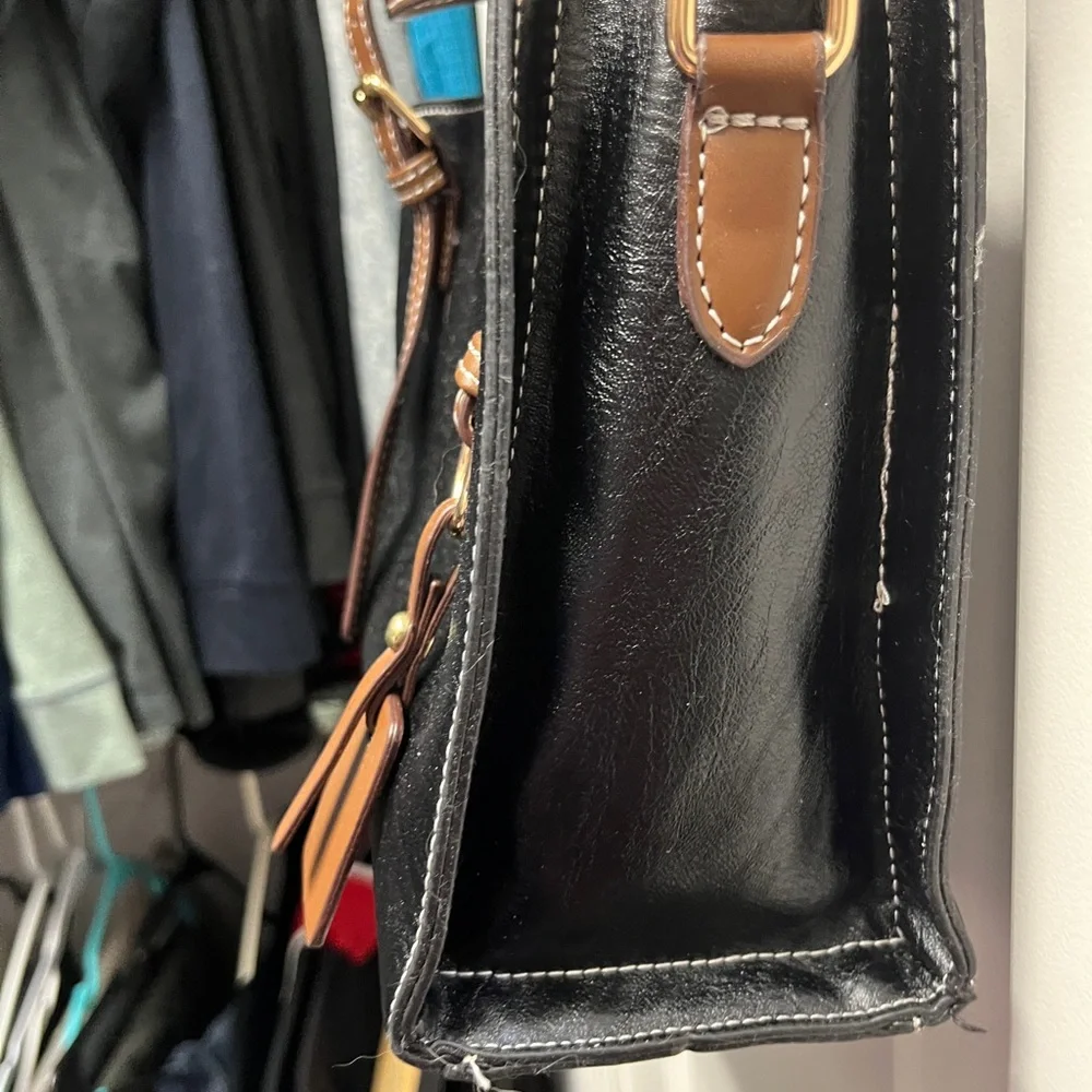 Faux Leather Two-Tone Crossbody Tote Bag. Black brown - Picture 5 of 12